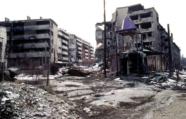Photo: View of Grbavica, a neighbourhood of Sarajevo, approximately 4 months after the signing of the Dayton Peace Accord that officially ended the war in Bosnia. Source: Public Domain (PD-USGov-Military)