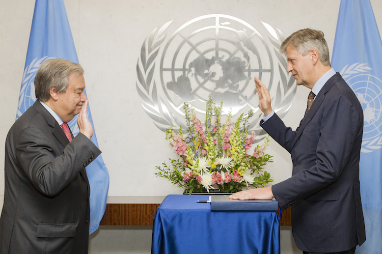 Photo: UN Secretary-General António Guterres (left) swears in Jean-Pierre Lacroix, Under-Secretary-General for Peacekeeping Operations. 12 April 2017. United Nations, New York. Credit: UN Photo/Rick Bajornas.