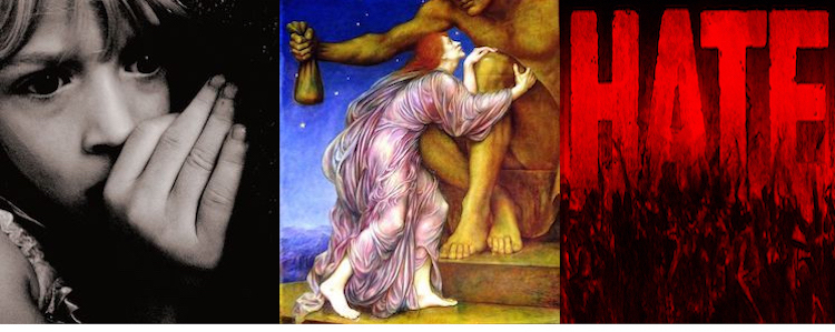 Collage by IDN-INPS: With images from Wikimedia Commons – Scared Child (left), 1909 painting ‘The Worship of Mammon’ (centre), and Hate (right) from CMON.