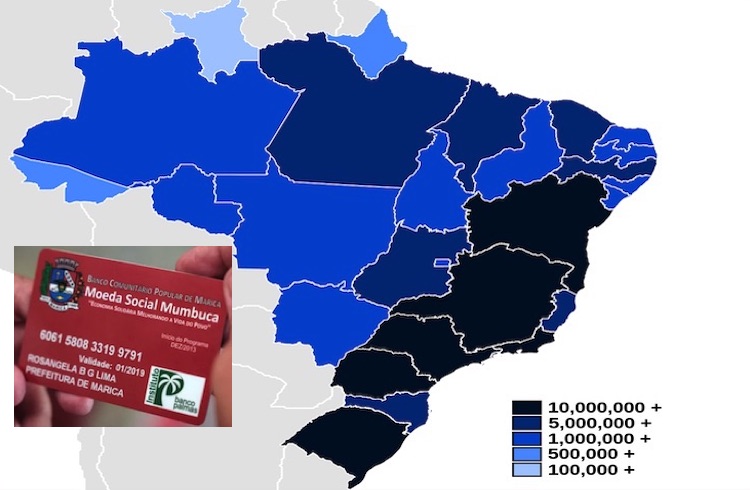 Collage with map of Brazilian states by population (from Wikimedia Commons) and Basic Income card (from Vox).