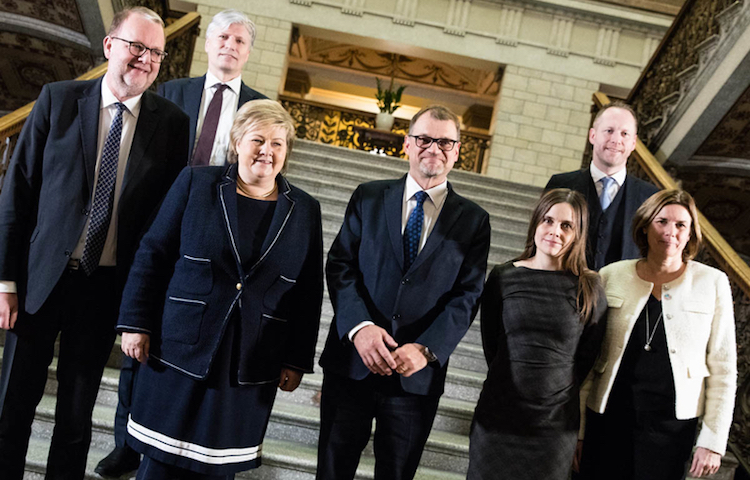 Photo: Gathered at the climate summit in Helsinki, from back left: Norway’s Minister of Climate and Environment Ola Elvestuen; Denmark’s Minister of Energy, Utilities and Climate Lars Christian Lilleholt; Norway’s Prime Minister Erna Solberg; Finland’s Prime Minister Juha Sipilä; Iceland’s Prime Minister Katrin Jakobsdóttir; Sweden’s Minister for International Development Cooperation and Climate, and Deputy Prime Minister Isabella Lövin; and Iceland’s Minister for the Environment and Natural Resources Guðmundur Ingi Guðbrandsson. Photographer: Laura Kotila/Valtioneuvoston kanslia