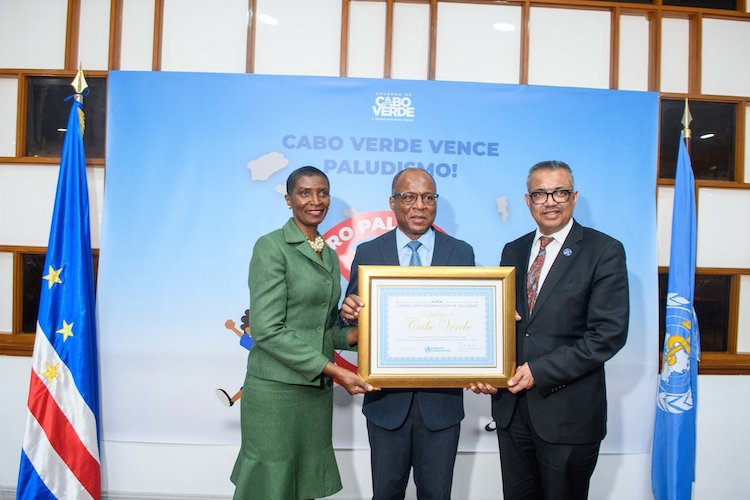 Photo: WHO Director-General Dr Tedros Adhanom Ghebreyesus, Prime Minister of Cabo Verde Ulisses Correia e Silva and Minister of Health of Cabo Verde Filomena Mendes Gonçalves at a ceremony on 12 January 2024 to certify the country’s elimination of malaria. Credit: WHO / JacsSpoor