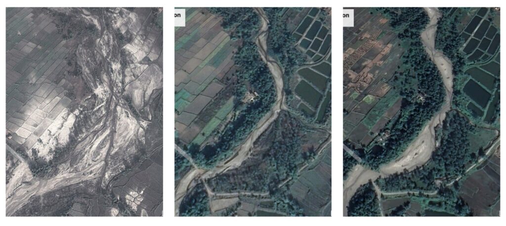 Google Earth images show the greening the floodplain of the Patare Khola over 15 years. Photos courtesy: ABARI