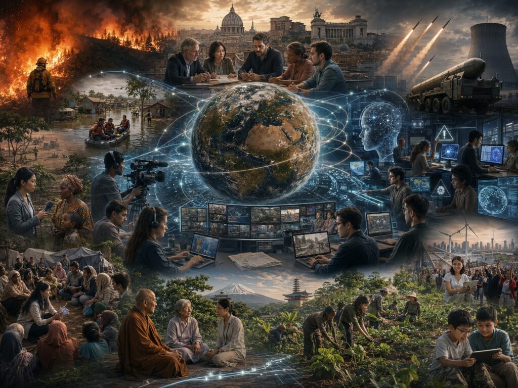 An image depicting journalism as a “knowledge infrastructure” that reports on interconnected global challenges—including AI, nuclear war, the climate crisis and hunger—and translates people’s awareness as global citizens into concrete action. The joint media project promoted by INPS Japan and Soka Gakkai International (SGI) offers one example of the kind of information infrastructure that could contribute to the “Rome Process,” turning the Rome Declaration into sustained international cooperation and citizen action. Illustration: INPS Japan.