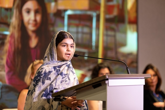 Zunaira, a UNICEF Youth Advocate, speaks at an event in UNICEF House at the sideline of the 80th session of the UN General Assembly. Credit: Tadej Znidarcic/UNICEF