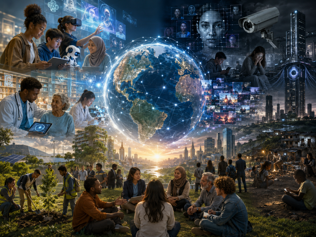 A visual reflection of The Global Citizen Handbook: the promise and perils of artificial intelligence and digital technology, set alongside the authors’ call for active, informed global citizenship grounded in human dignity, shared responsibility and hope. Image: INPS Japan