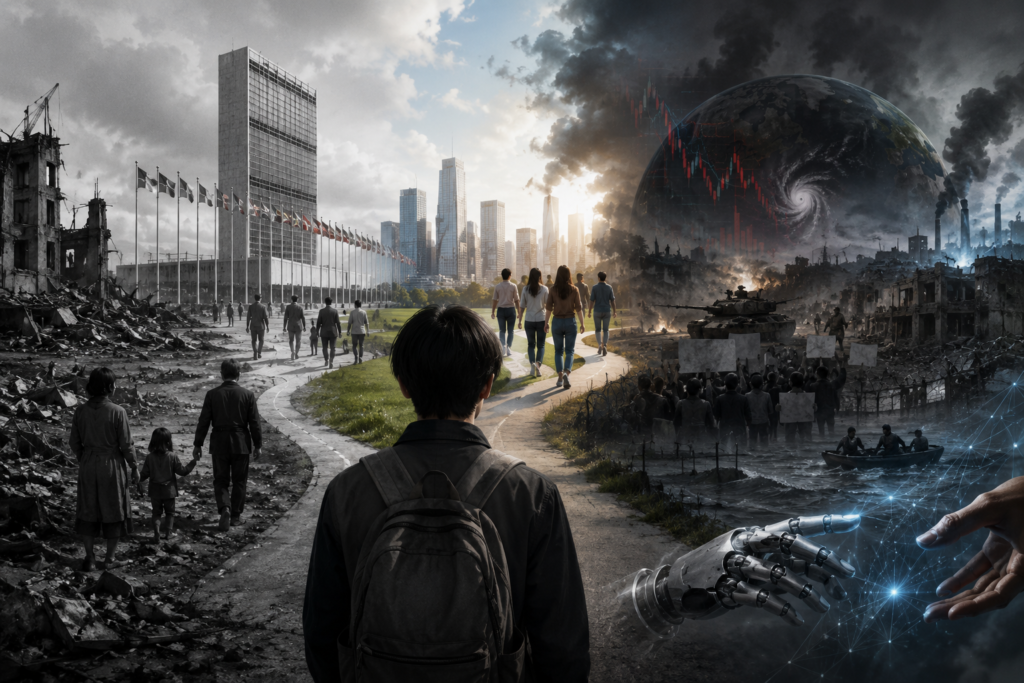 A new generation faces a world shaped by interconnected crises—from climate change and conflict to inequality and artificial intelligence—raising profound questions about the future of global citizenship. Credit: AI-generated illustration. Image: INPS Japan