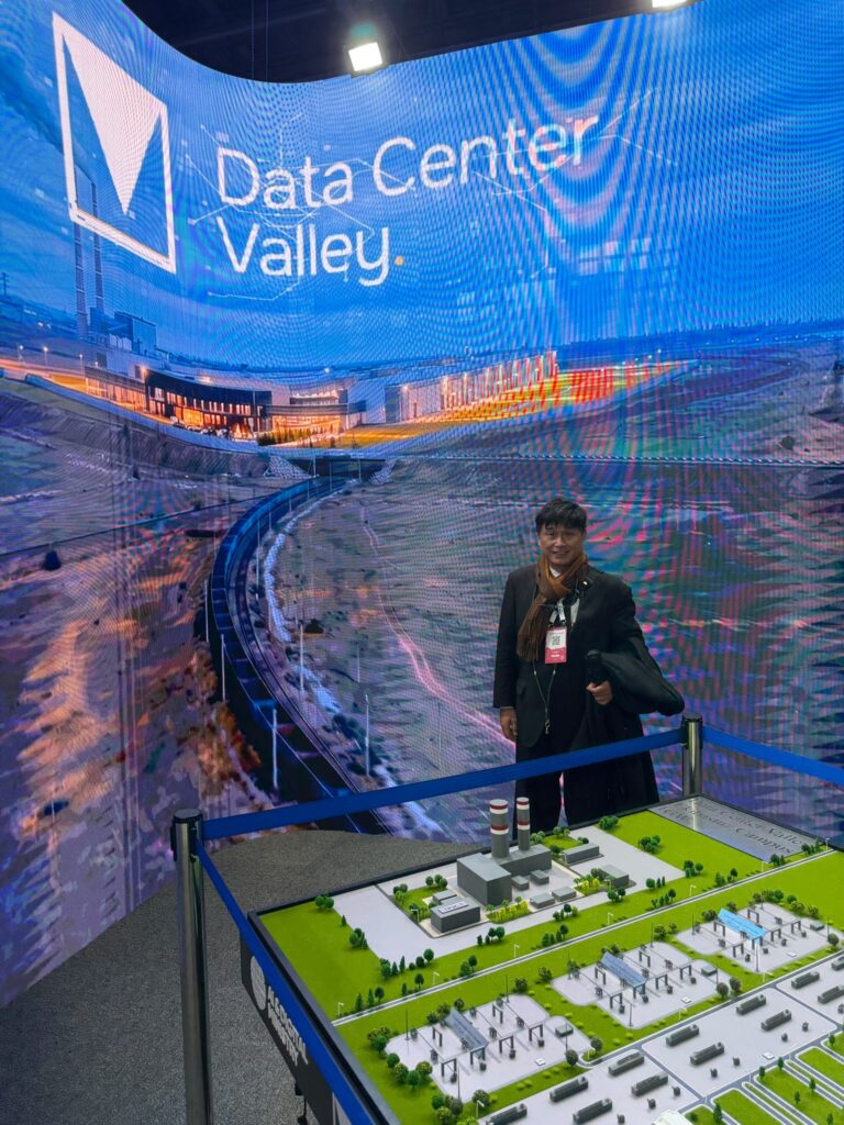 A scale model of Kazakhstan’s planned Data Center Valley on display at AI & Digital Bridge 2026 in Astana. The project aims to expand the country’s AI computing infrastructure. | Photo: INPS Japan.