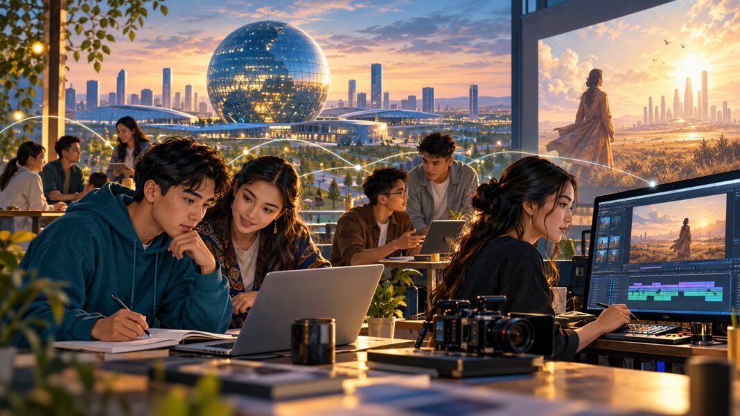 Connecting AI learning with entrepreneurship and filmmaking in Kazakhstan. | AI-generated conceptual illustration by INPS Japan.