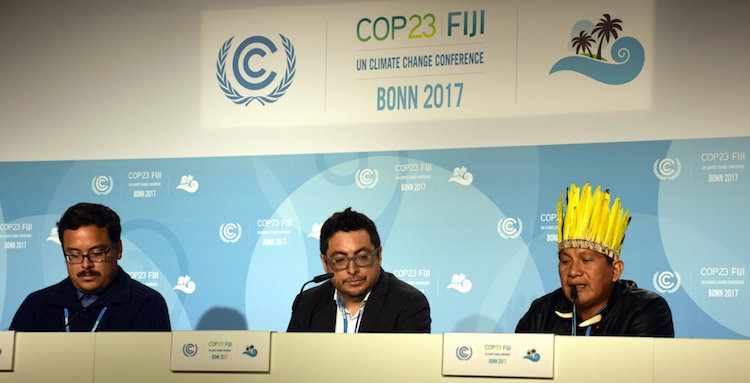 Photo: Leaders from Indigenous communities speak at a press conference in COP 23. Credit: Stella Paul | IDN-INPS
