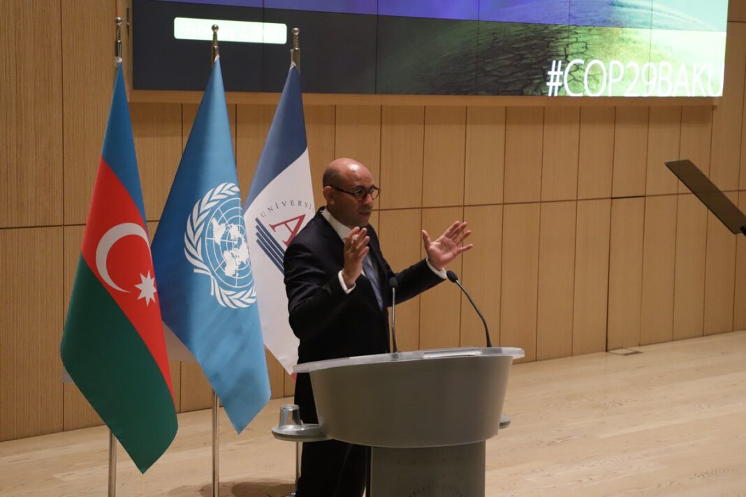 Executive Secretary of UN Climate Change Simon Stiell, in Baku, Azerbaijan, looks forward toward what the world would be like in 2050 if global warming is limited to 1.5°C. Credit: Twitter