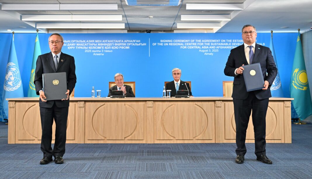 okayev and Guterres during signing ceremony on Aug. 3 at the UN Regional Center for SDGs for Central Asia and Afghanistan in Almaty. Photo credit: Akorda