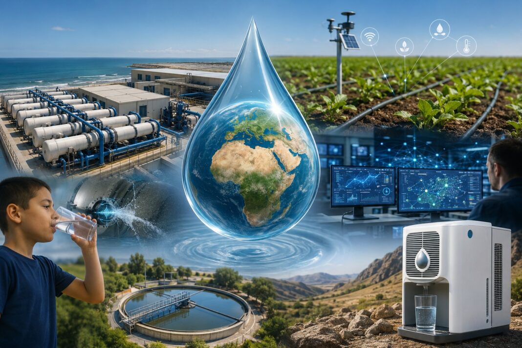 A vision of a water-secure future, where desalination, smart irrigation, digital monitoring, wastewater treatment and atmospheric water generation work together to expand access to clean water. Image: INPS Japan
