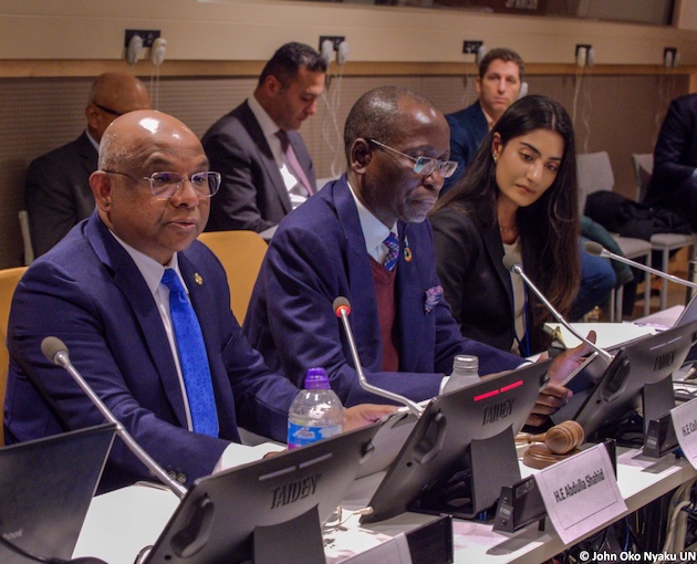 H.E. Abdulla Shahid (left), former President of the UN General Assembly, and Collen Kelapile (center), former UN ambassador to Botswana and former vice-president of the UN Economic and Social Council, speak as panelists at the launch event of ICO's flagship report. Credit: John Okyo Nyaku/UN