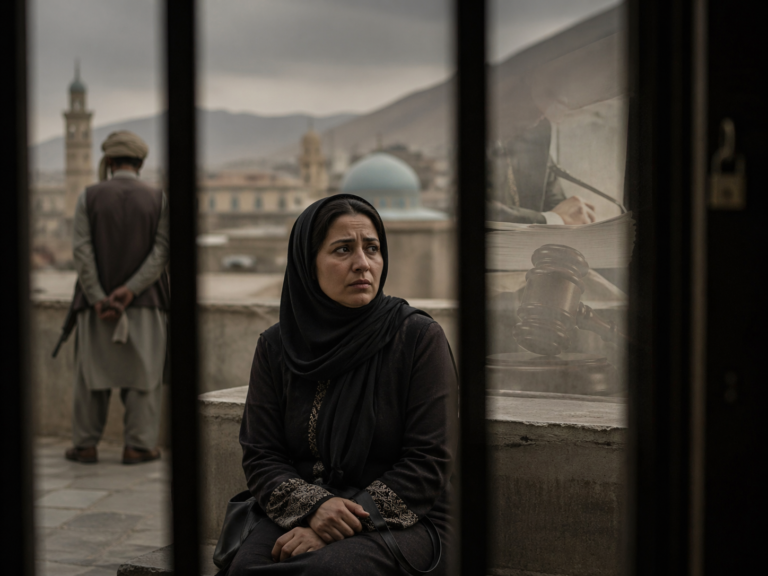 An Afghan woman sits framed by shadowed bars in Kabul, symbolizing the confinement, fear, and denial of justice facing women under the Taliban’s new laws. Credit: INPS Japan