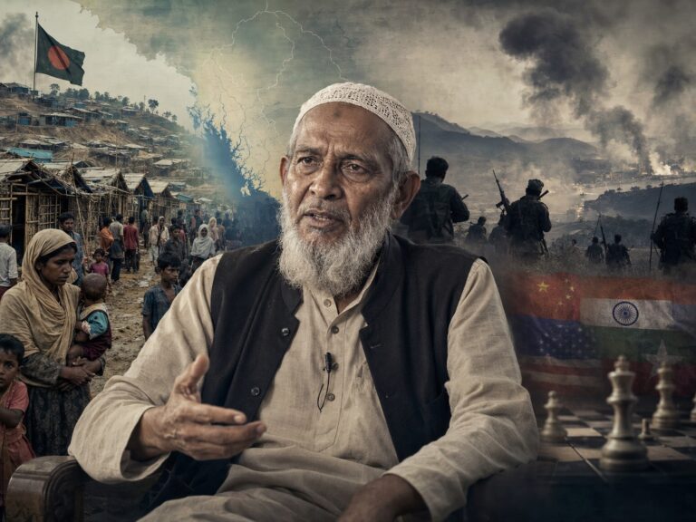 A composite illustration depicting a veteran Rohingya leader against the backdrop of refugee camps, armed conflict in Rakhine, and the geopolitical rivalries shaping the struggle for citizenship, security, and dignified return. Image: INPS Japan