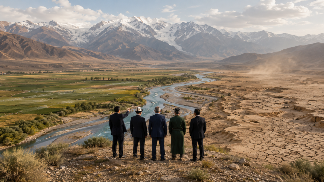 Officials survey a Central Asian river basin where irrigated farmland, shrinking water resources and degraded drylands converge, underscoring the region’s push for cross-border cooperation on water, land and climate resilience. Credit: AI-generated illustration.