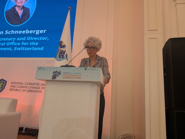 Katrina Schneeberger, State Secretary and Director of Switzerland’s Federal Office for the Environment, delivers remarks during the official launch of the Central Asia Water–Land Nexus Programme at the Eighth Global Environment Facility Assembly in Samarkand, Uzbekistan. Credit: Kizito Makoye/IPS