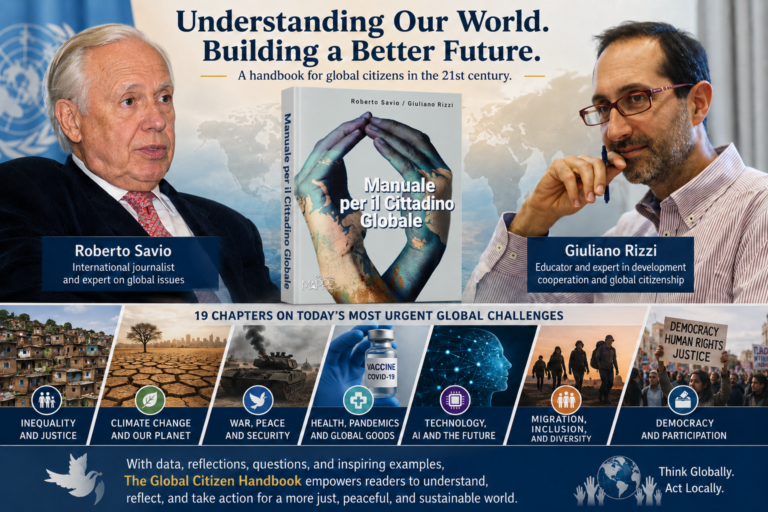 Roberto Savio, left, and Giuliano Rizzi, right, co-authors of Manuale per il Cittadino Globale (The Global Citizen Handbook), a 19-chapter guide that invites readers to understand, reflect on and respond to today’s interconnected global challenges—from inequality and climate change to artificial intelligence, migration, democracy and peace. Image: INPS Japan