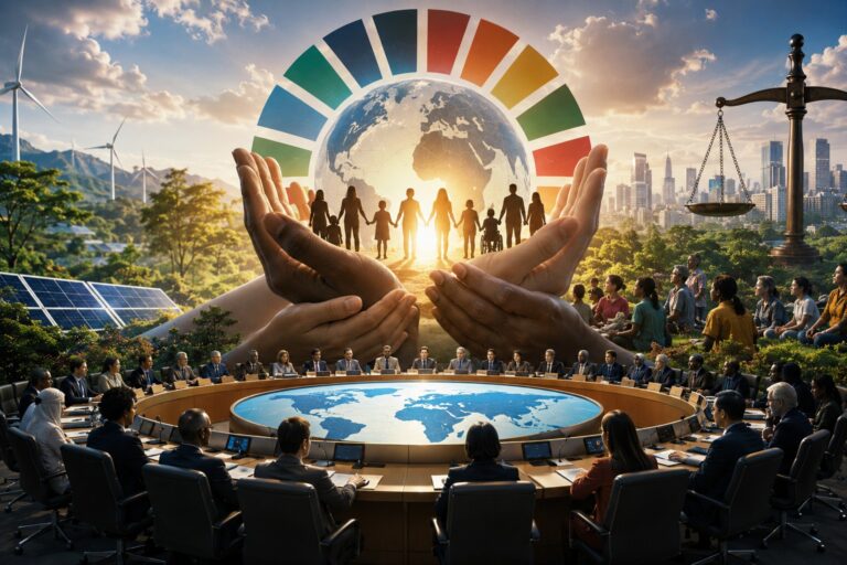 A conceptual illustration of a human rights-centred global development framework beyond 2030, envisioning the integration of sustainable development, social justice, labour rights, environmental stewardship, and international accountability under the United Nations human rights system. Illustration: INPS Japan