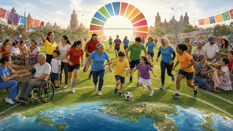 Humanity’s Global Playing Field: An illustration inspired by Aldea Global 2026 in Mexico City, portraying football as a shared language for health, equality, cultural diversity, peace and sustainable development—with all humanity playing on the same team. Credit: INPS Japan.