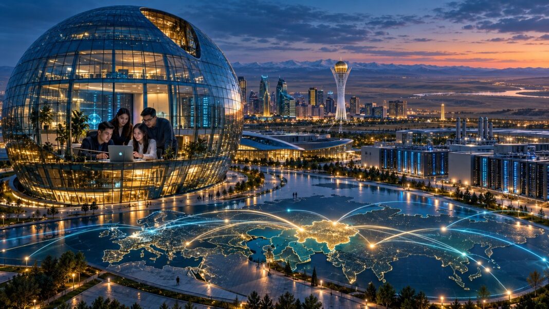 From a crossroads of Eurasia to a hub for AI and talent development — an illustration of Kazakhstan’s ambitions. | Image: AI-generated conceptual illustration by INPS Japan.