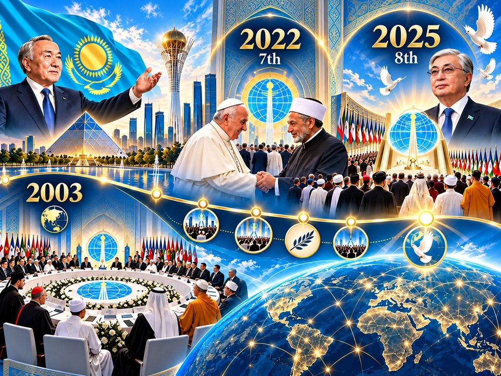 Kazakhstan’s Legacy of Interfaith Dialogue. This illustration traces the Congress of Leaders of World and Traditional Religions from its founding in 2003 under President Nursultan Nazarbayev to the historic 2022 gathering attended by Pope Francis and Al-Azhar’s Grand Imam Ahmed Al-Tayeb, and the adoption of the Astana Peace Declaration in 2025 under President Kassym-Jomart Tokayev. Together, these milestones reflect Kazakhstan’s enduring efforts to promote interfaith dialogue, mutual understanding and global peace. | Image: AI-generated illustration/INPS Japan
