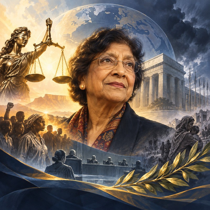 Navanethem “Navi” Pillay, South African jurist and former international judge, is depicted as a symbol of global justice, accountability, and the enduring importance of international law at a time when the rules-based international order is under growing strain. | AI Generated Image by INPS Japan.